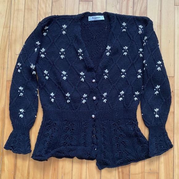Magnolia Sweaters - Magnolia Vintage Black Embroidered Beaded Peplum Cardigan Sweater Pearl Button L